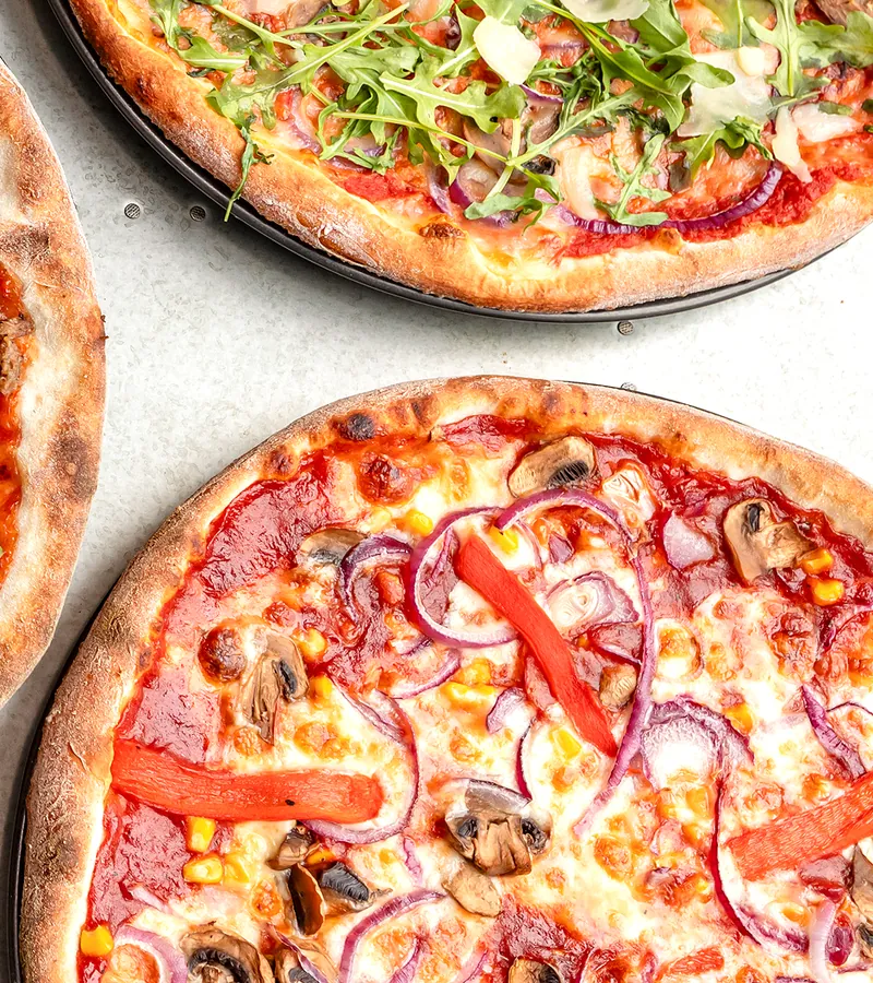 Roasted pepper, mushroom, sweetcorn and red onion pizza.