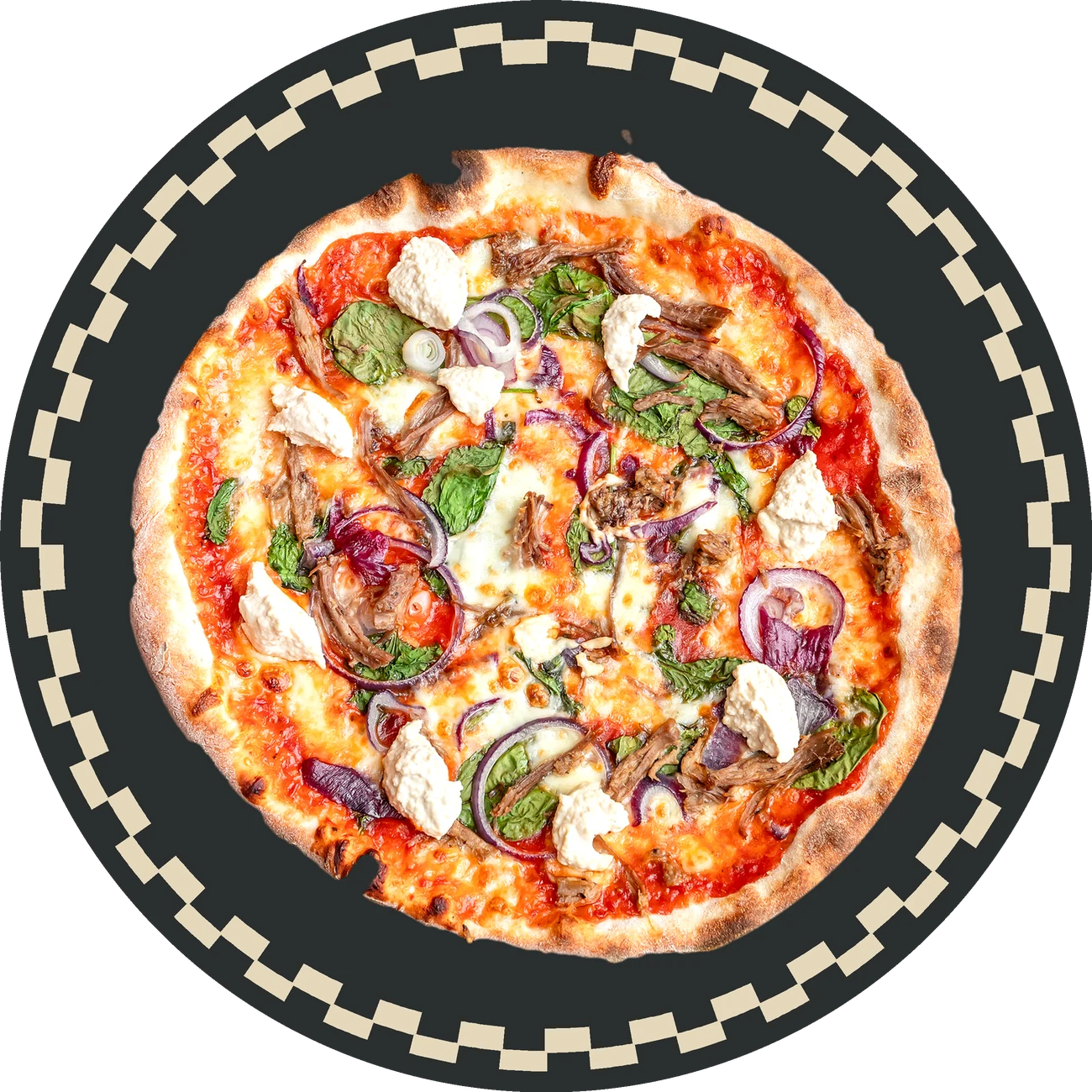 An @homepizza pizza on a charcoal serving plate.