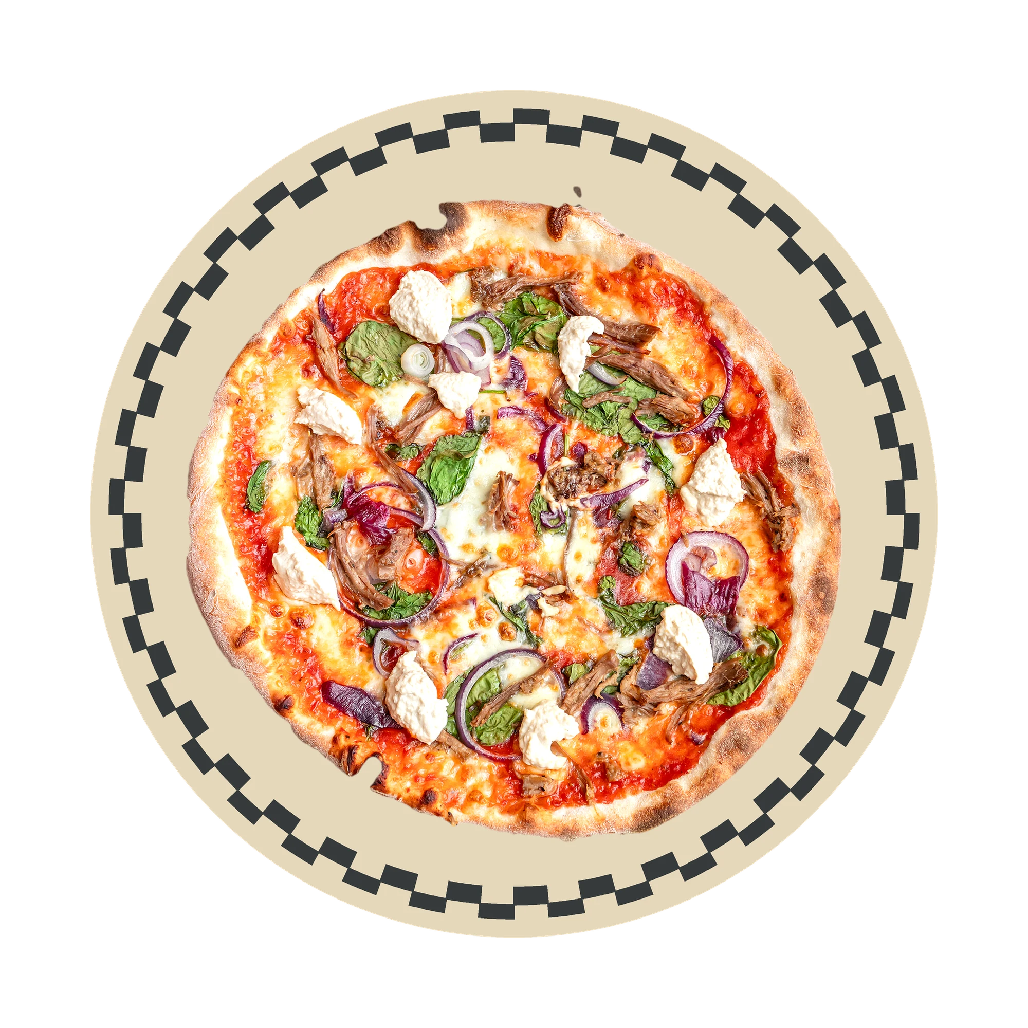 An @homepizza pizza on a sand-rimmed plate.