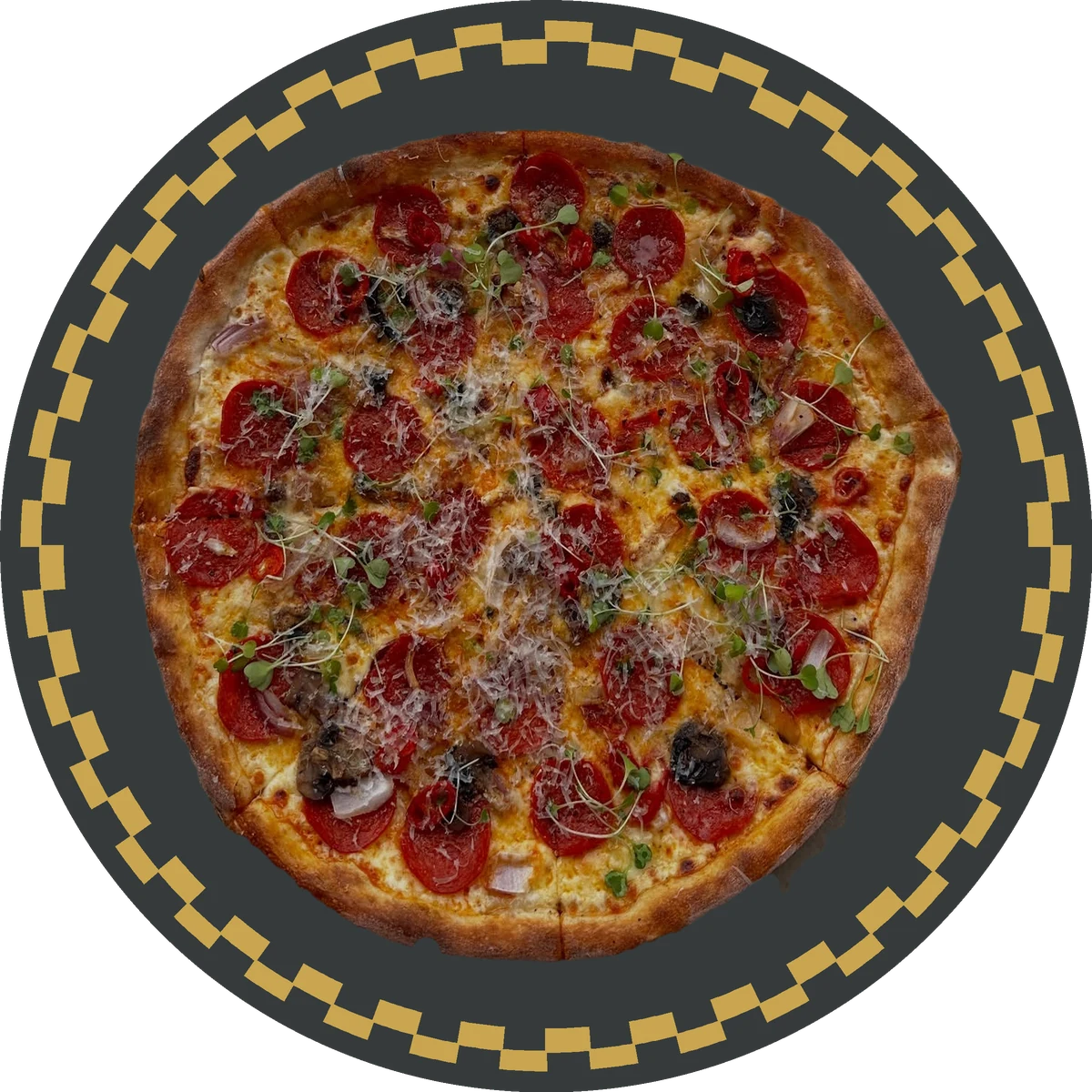 An @homepizza pizza on a charcoal plate.