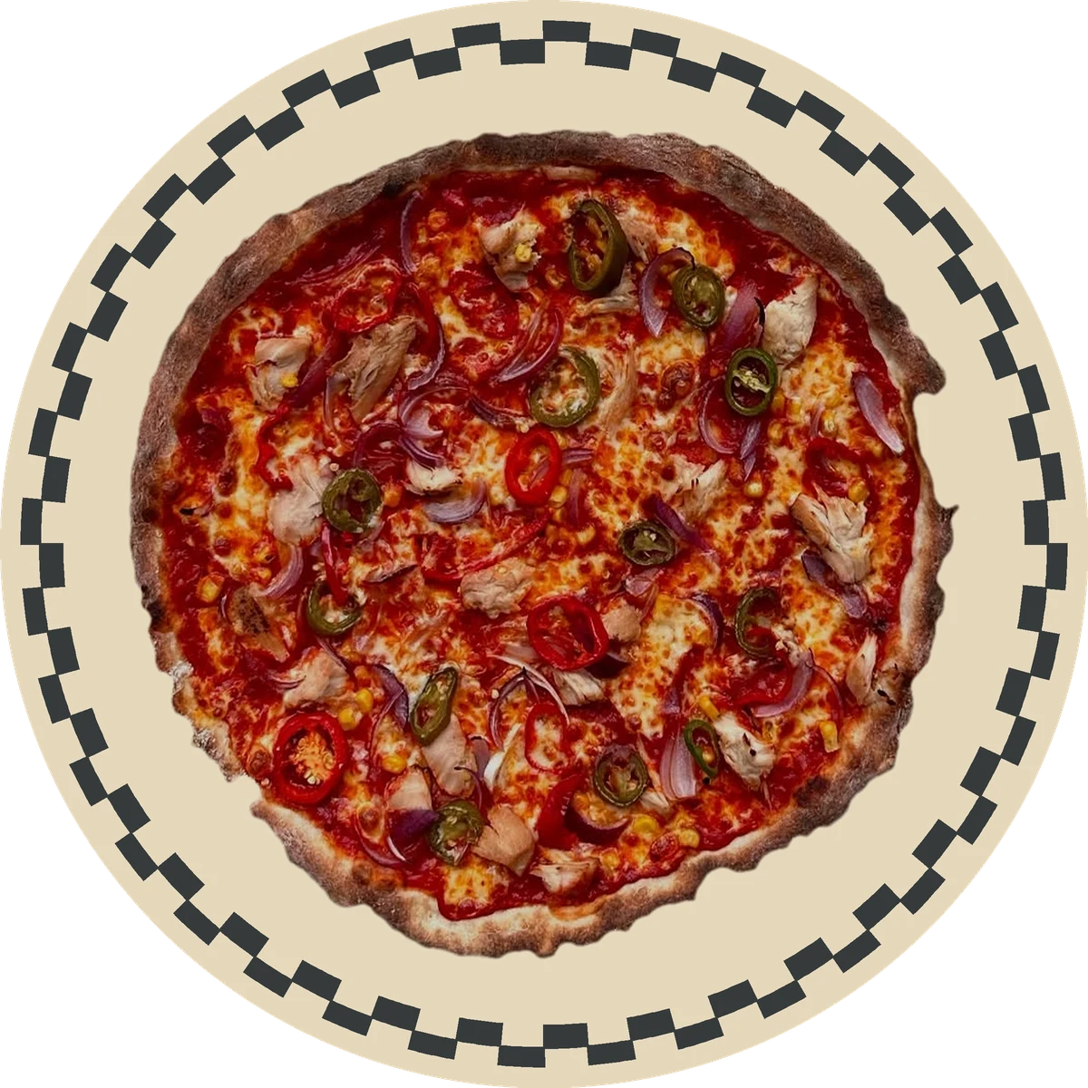 An @homepizza pizza on a sand-coloured plate.