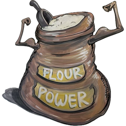 Illustration of a strong, smiling sack of flour labelled Flour Power.